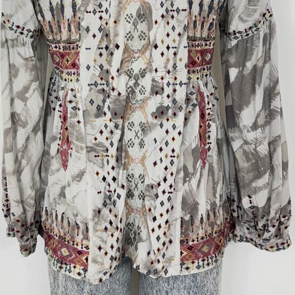 Johnny Was Deliza Silk Embroidered Long Sleeve Tunic Top Blouse Gray Boho XS - Picture 9 of 13